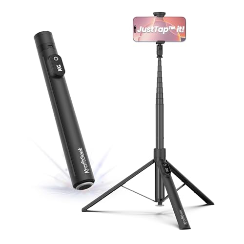 KraftGeek 66" JustTap Phone Tripod for iPhone, Automatic Selfie Stick for Cell Phone, Tripod Stand with Remote for Video Recording, Black - color: Black