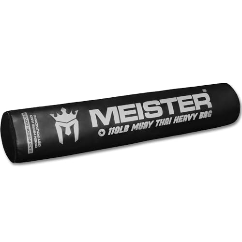 Meister 110lb Filled Muay Thai Heavy Bag for MMA & Kickboxing | Professional 72" x 13" Muay Thai punching bag packed with 100% textiles. Commercial-grade vinyl shell & hanger straps