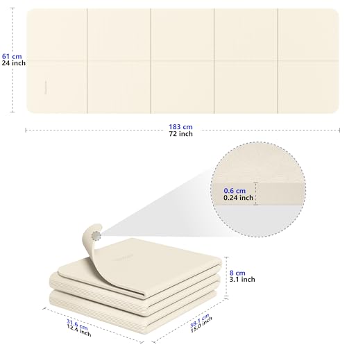 Readaeer Foldable Yoga Mat for Travel Folding Yoga Mat 6mm Thick with Carrying Bag, Non-Slip TPE Exercise Pilates Mat for 72" L x 24" W x 0.24 Inch | TPE Exercise Mat With Carrying Bag for Home Workout, Yoga, Pilates, Stretching - color: Beige