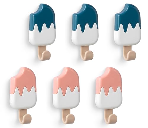 GOMARO 6 Pack Cute Wall Hooks Ice Cream Shape for Kids Room Colorful Adhesive Coat Hooks for Backpacks Keys Creative Towel Hangers Kids Bathroom Decorative Kitchen Nursery Wall Mounted Organization