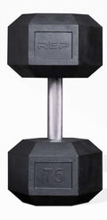 Rep Fitness Rubber Hex Dumbbell(s) - Singles (55LB +) and Pairs (5LB - 50LB) - Low Odor, Fully Knurled Handle - style: 75 LB SINGLE DB