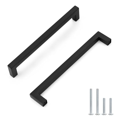 Probrico 5 Pack Black Square Kitchen Cabinet Pulls,Stainless Steel 7.5inch Hole Centers Cabinet Handles,Square Corner Bar Black Dresser Drawer Pull Handles - color: Black, size: Hole Center: 192mm(7.5inch)