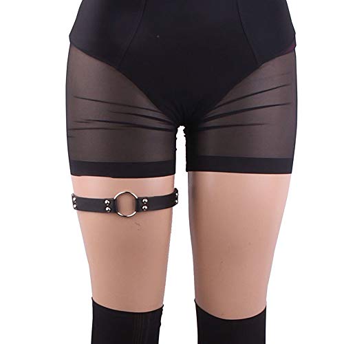 Adjustable Elastice 2 Rows Leather Leg Harness Garter Belt Punk Gothic Thigh Ring Garter - color: Black Ring & Black Band