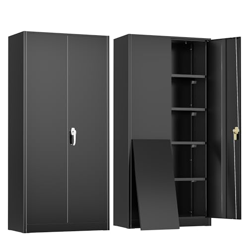 Greenvelly Metal Garage Storage Cabinet, 72'' Tall Storage Cabinet with 2 Doors and 4 Adjustable Shelves, Steel Lockable Tool Cabinets for Home Office, Garage, Basement, School (Black) - color: Black, size: 72 Inch