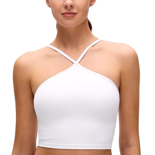 CRZ YOGA Butterluxe Cross Neck Crop Tank Tops | Light Support, Removable Pads, Yoga, Extremely Soft, Square Back, Spaghetti Straps, Longline Sports Bras for Women - color: White, size: Medium
