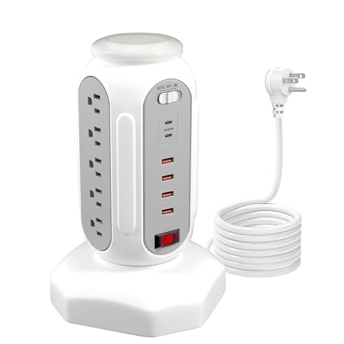 Power Strip Tower 15 Outlets 6 USB Ports, Surge Protector with Colorful Led-Light & PD 30W USB-C Fast Charger, Desktop Charging Station with 6.5ft Heavy Duty (White) - style: PD-30W-WHITE