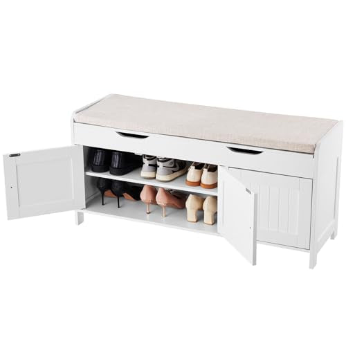 VEVOR Shoe Storage Bench with Padded Cushion & 3 Barn Doors, Entryway Bench with Hidden Storage, 41.3 x 13.8 x 19.8 Inches, for Entryway, Hallway, Living Room, Bedroom - size: 3 Barn Doors