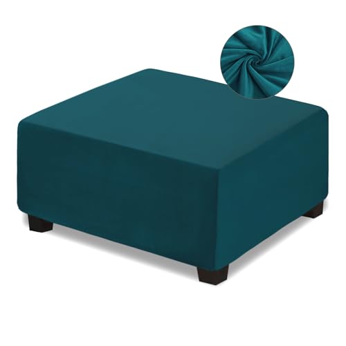 NeColorLife Velvet Square Ottoman Cover,Stretchable Footrest Stool Slipcover with Elastic Band for Rectangle and Square Storage Ottoman(Large,Lake Blue) - color: Lake Blue, size: L Length: 35"-45",Width: 31"-43"