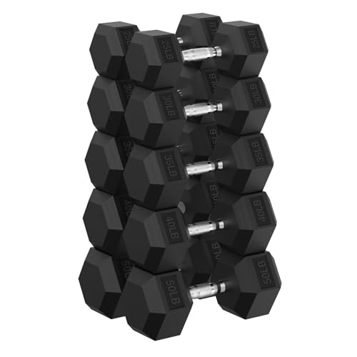 PAPABABE Dumbbell Set, Rubber Encased Home Gym Dumbbells, Weight Dumbbells for Women & Men, Hand Weights for Home Gym & Strength Training - size: 360 lb Set (Pair of 25, 30, 35, 40, 50), style: Chrome Grip