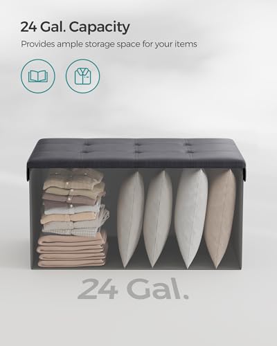 SONGMICS Mazie Collection - 30 Inches Folding Storage Ottoman Bench, Ottoman with Storage, Foot Rest Stool, Load 660 lb, for Living Room, Synthetic Leather, Dark Gray ULSF040G01 - color: Dark Gray, size: 15"D x 30"W x 15"H