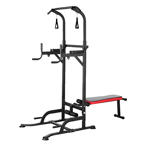 TLSUNNY Power Tower with Bench, Pull Up Bar Dip Station, Power Tower Dip Station, Training Workout Equipment, Height Adjustable Pull Up Tower w/Folding Bench 4 Ropes, Strength Training, Home Gym