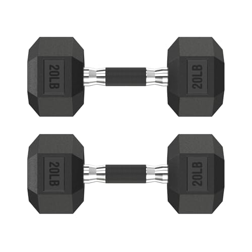 HANDBODE Rubber Encased Hex Dumbbell Pair, 2.5-65 lb | Non-Slip Handle Design for Secure & Comfortable Grip, Hand Weights for Strength Training, Fitness & Home Gym - size: 20 lb, Pair, style: Comfort Grip