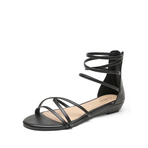 DREAM PAIRS Women's Ankle Strap Flat Sandals Summer Dressy Strappy Gladiator Rhinestones Sandals - color: Black/Pu, size: 5