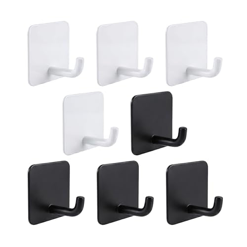 Stainless Steel Adhesive Wall Hooks for Hanging, Heavy Duty Waterproof Stick On for Bathroom Kitchen Shower, Self Adhesive for Towels, Keys, Hats, Robes - 8 Pack (White and Black) - color: 03-whiteblack