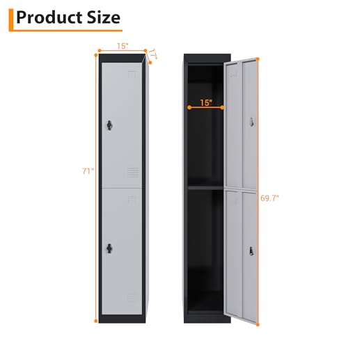 72" Tall 2 Door Metal Locker with Key, Heavy Duty Steel Storage Cabinet with Shelves, Lockable Employee Locker for School, Office, Gym, Home, Garage, Grey & Black - size: 2 Door