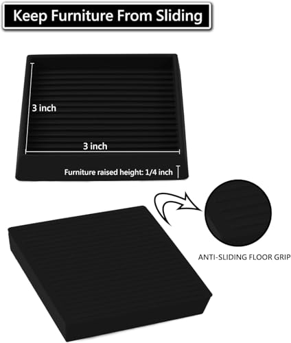 Jayen Non Slip Furniture Caster Cups Coasters Pads for Hardwood Floors, 3x3 | prevent furniture from Sliding, rubber, heavy duty, floor protection, keep furniture in place - size: 12 Pcs Black
