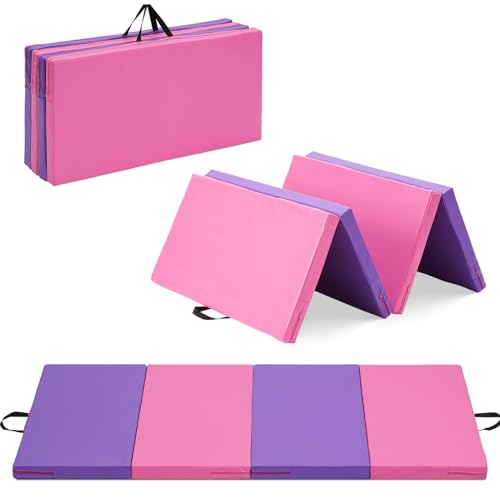 Gymnastics Mat, 3'x6'/4'x6' Thick Folding Kids' Gymnastic Tumbling Mat with Carrying Handles for Home Gym Exercise & Play - color: 3x6FT-Pink & Purple