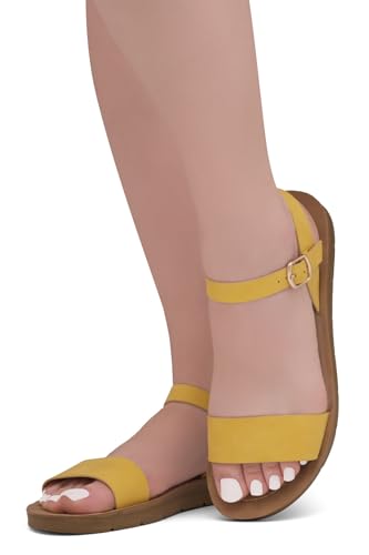 Herstyle Flat Sandals for Women – Open Toe 1 Band Ankle Strap Summer Dressy Sandals, Lightweight Casual Strappy Slip-On Flats with Adjustable Buckle - color: Mustard, size: 5