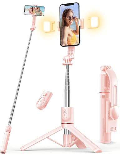 Selfie Stick with Light, 45'' Selfie Stick Tripod with Wireless Remote | Portable Travel Phone Tripod, Compatible with iPhone17/16/ 15 Pro Max/15/14, Samsung S22/ S23 Ultra/Android Smartphone (Pink) - color: Pink - 45" Standard Height