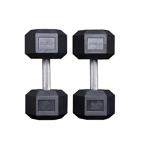 Rep Fitness Rubber Hex Dumbbell(s) - Singles (55LB +) and Pairs (5LB - 50LB) - Low Odor, Fully Knurled Handle - style: 50 LB Pair