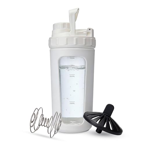26oz Glass Protein Shaker Bottle, Stainless Steel Mixing Ball & Silicone Sleeve, Odorless, Leak-Proof, BPA-Free, Ideal for Smoothies & Workout Drinks(Frost White) - color: Frost White