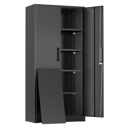 Greenvelly Metal Cabinet, 72" Black Locking Metal Storage Cabinet with 2 Doors and 4 Adjustable Shelves, Lockable Garage Storage Cabinets for Home Office, Garage, Kitchen, Living Room - color: Black, size: 71 Inch Handle