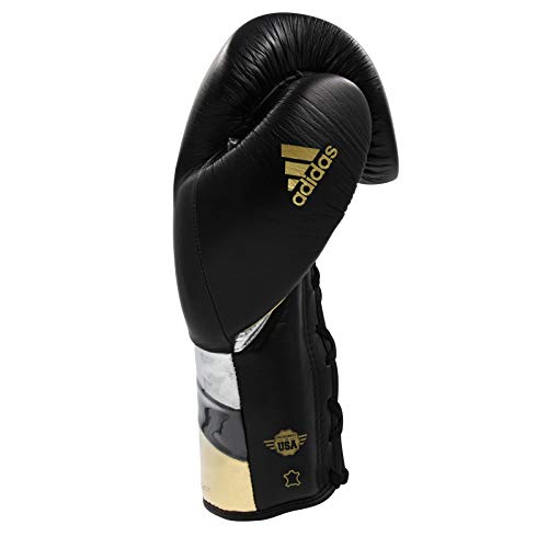 adidas Speed 500 Pro Boxing Gloves – Genuine Leather Training Gloves for Men & Women, Lace-Up Heavy Bag & Kickboxing Gloves - color: BLACK/GOLD/SILVER, size: 18 oz