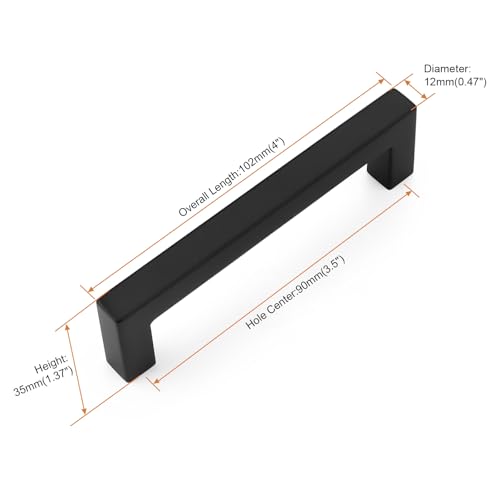 Probrico 5Pack Hole Centers 3.5inch Black Cabinet Handles, Stainless Steel Kitchen Cabinet Pulls,Square Corner Bar Dresser Drawer Pulls Total Length 4inch - color: Black, size: Hole Center: 90mm(3.5inch)