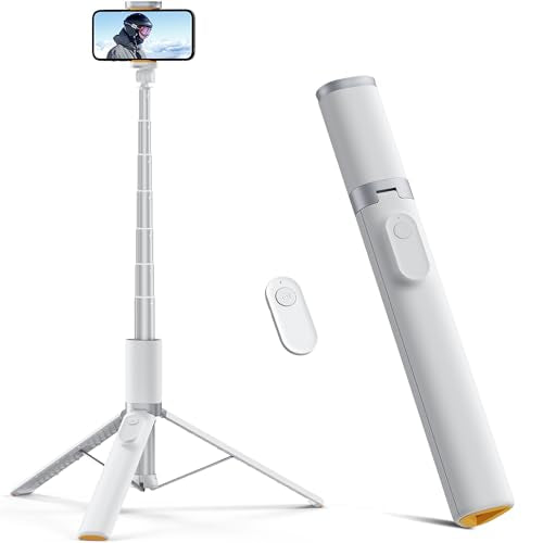 TODI 63" Phone Tripod, Extendable Selfie Stick with Wireless Remote and Phone Holder, Portable All-in-1 Cell Phone Tripod Stand for Video Recording, Compatible with iPhone/Android (White) - color: White, size: 63-inch