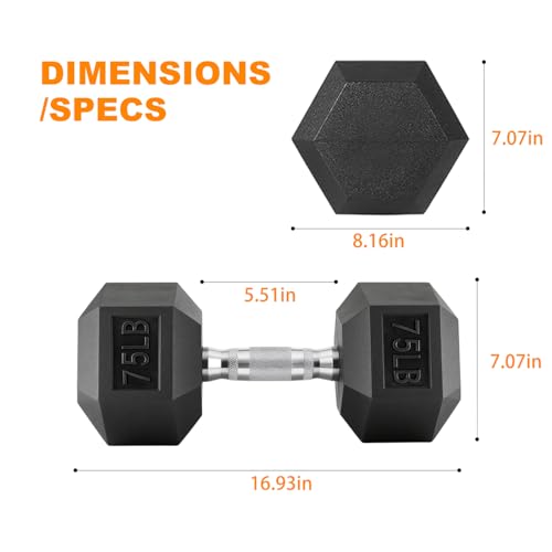 Rubber Hex Dumbbell, Multiple Weight Options 15-550 lbs | Premium Coated Free Weights Dumbbells for Home Gym Strength Training, Rack Not Included - color: 75LB