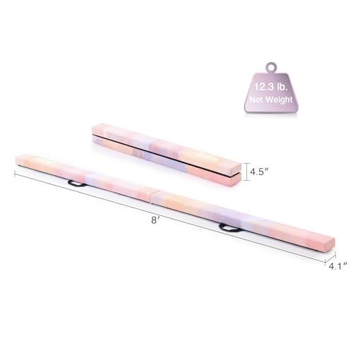 ZELUS 8' Folding Gymnastics Balance Beam, Floor Balance Beam w/Carry Handles Anti-Slip Base for Kids, Beginners & Professional Gymnasts - color: PinkPurple