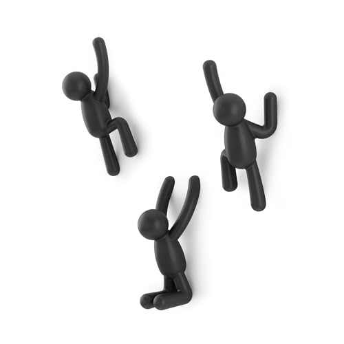 Umbra Buddy Wall Hooks, Decorative Wall Mount Coat Hooks, Set of 3, Black | Easy install with hardware, holds 5lbs per hook, entryway bedroom bathroom dorm, playful hanging storage, recycled plastic - color: Black