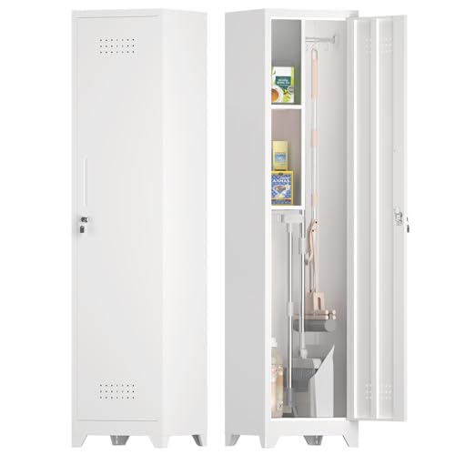 IRONFFICE Tall Broom Closet Storage Cabinet,Narrow Metal Storage Cabinets for Brooms and Mops,Slim Utility Cabinets with Doors,Broom Cabinet for Laundry,Living Room,Office,White - size: indoor-65"H-1door