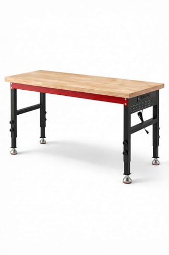 60" Heavy Duty Workbench, 2500 LBS Load Capacity Work Bench with 1.2" Laminated Oak Wood Top & Reinforced Steel Frame, Adjustable Height Work Table for Garage, Workshop, Office, Home (Feet) - size: 60"丨Feet