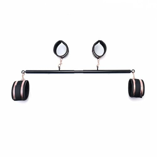 3 in 1 Heavy Duty Stainless Steel Expandable Spreader Bar with 4pcs PU Rose-Gold Adjustable Straps,Workout Bar for Home Gym Training Bar,Portable Detachable Pilates Kit - style: Black+Black-gold PU Kit