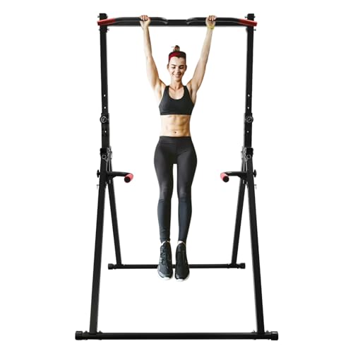 Power Tower Pull Up Bar Station Multi-Function Adjustable Height Foldable Dip Station for Home Gym Workout Heavy Duty Strength Training Fitness Equipment Stable Triangular Structure 440 LBS