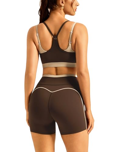 Double Layer Workout Sets for Women 2 Piece Matching Gym Set High Waist Shorts with Pockets Sports Bra Yoga Pilates Outfits - color: Brown, size: Small