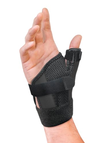 MUELLER Sports Medicine Adjust-to-Fit Thumb Brace, Spica Splint, Thumb Pain Relief Stabilizer for Men and Women, Ideal for De Quervain's Tenosynovitis, Arthritis, Sprains, Fits Right or Left, Black, One Size - size: 1 Count (Pack of 12)