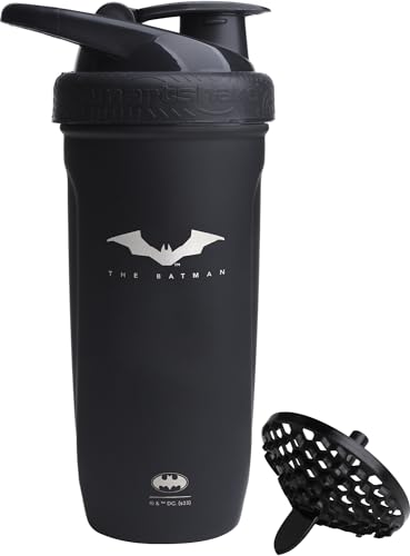 Smartshake DC Comic Bundle - Batman Protein Shaker Bottle – 900ml Leakproof Stainless Steel Water Shaker with 50g Protein Powder Storage Funnel
