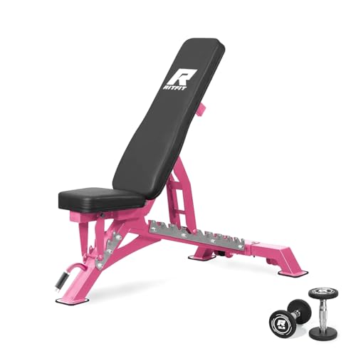 RITFIT Adjustable Weight Bench, Incline Decline Flat, 1300LB Capacity | Full Body Workout Bench for Home Gym Strength Training, 10 Backrest Positions, 3 Seat Angles, Heavy Duty Steel Frame - color: Pink, with 2x5lb Round Dumbbells