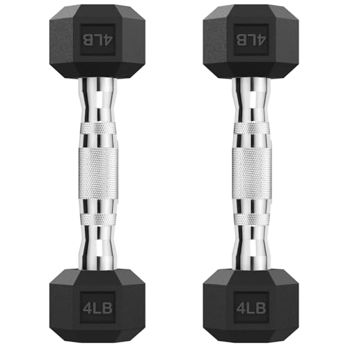 HANDBODE Hex Dumbbell Set of 2, Rubber Encased Fixed Dumbbells, 2.5-65 lb | Non-Slip Comfortable Handles, Hand Weights for Strength Training, Ideal for Home Gym Workouts - size: 4 lb, Pair, style: Chrome Handle