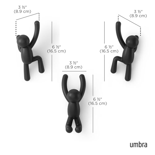 Umbra Buddy Wall Hooks, Decorative Wall Mount Coat Hooks, Set of 3, Black | Easy install with hardware, holds 5lbs per hook, entryway bedroom bathroom dorm, playful hanging storage, recycled plastic - color: Black