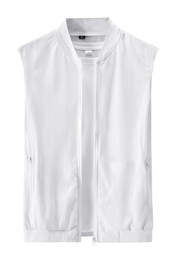 Flygo Men's Summer Casual Lightweight Breathable Mesh Cycling Travel Zip Vest - color: 02 White, size: Medium