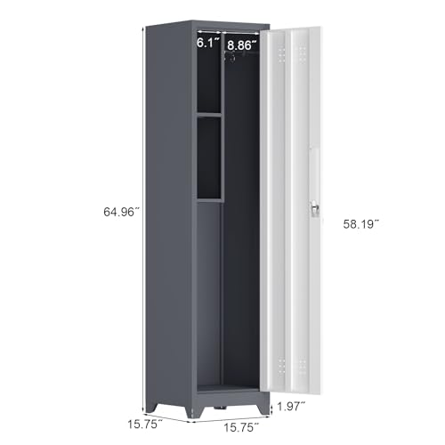 IRONFFICE Slim Cabinet,Narrow Broom Closet Storage Cabinets with Doors,Narrow Utility Closet with Hanging Rod,Slim Laundry Storage Cabinet for Garage,Living Room,Grey-White - size: 15.75"D x 15.75"W x 64.96"H-Grey/white