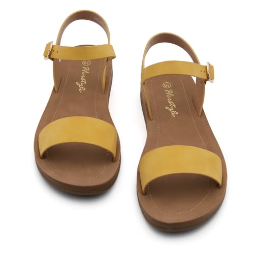 Herstyle Flat Sandals for Women – Open Toe 1 Band Ankle Strap Summer Dressy Sandals, Lightweight Casual Strappy Slip-On Flats with Adjustable Buckle - color: Mustard, size: 5