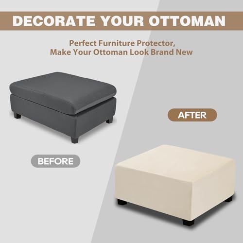 NeColorLife Velvet Ottoman Cover Square, Stretchable Footrest Stool Slipcover with Elastic Band for Rectangle and Square Storage Ottoman (Large, Cream (with Warm Undertones)) - color: Cream, size: L Length: 35"-45",Width: 31"-43"