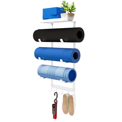 LSK Yoga Mat Holder Wall Mount, 4-Tiers Yoga Mats Storage, White | Home Gym Storage Rack with Floating Shelf for Storing Fitness, Yoga Rollers, 5 Hooks for Skipping-Rope, Small Gym Equipment - color: White