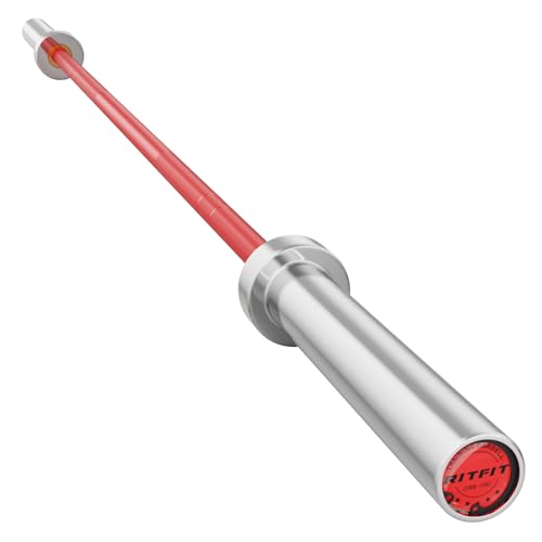 RitFit Elite 7ft Olympic Barbell, Robust 45lb Barbell for Weightlifting and Powerlifting, Superior Olympic Bar with Exceptional 500lbs Load Capacity, Weight Bar for 2” Standard Plates - color: Silver/Red, size: 6.6 ft 900 lb 33 lb without Collar