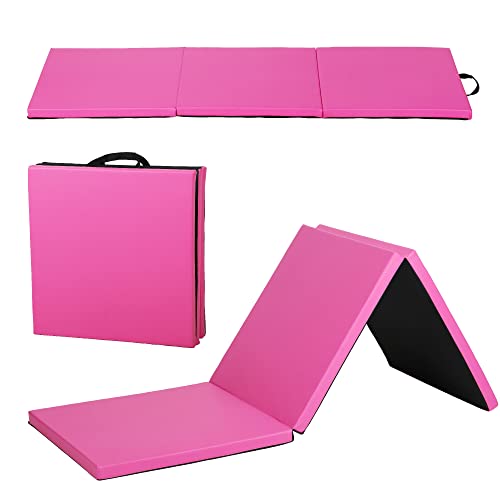 Gymnastics Tumbling Mat, 3 Folding Exercise Mat with Handle, All-Purpose Home Gym Mat for Tumbling, 6'x2'x2' - color: Pink