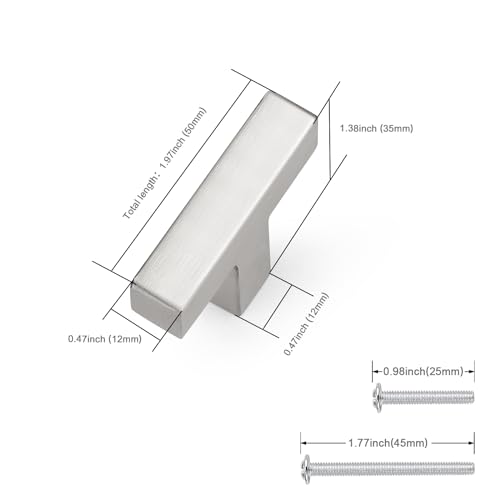 Probrico 5 Pack 2 inch (50mm) Length Stainless Steel Kitchen Cabinet Pulls Knobs,Square Brushed Nickel Drawer Knob, Single Hole Dresser Pull for Cabinets Closets - color: Brushed Nickel, size: Single Hole T Knob: 50mm(2inch)